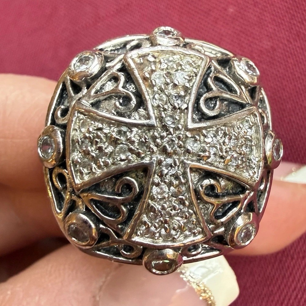 Vintage Silver Tone Cross Ring Pave Crystals Statement Ring Goth Size 8.5-9